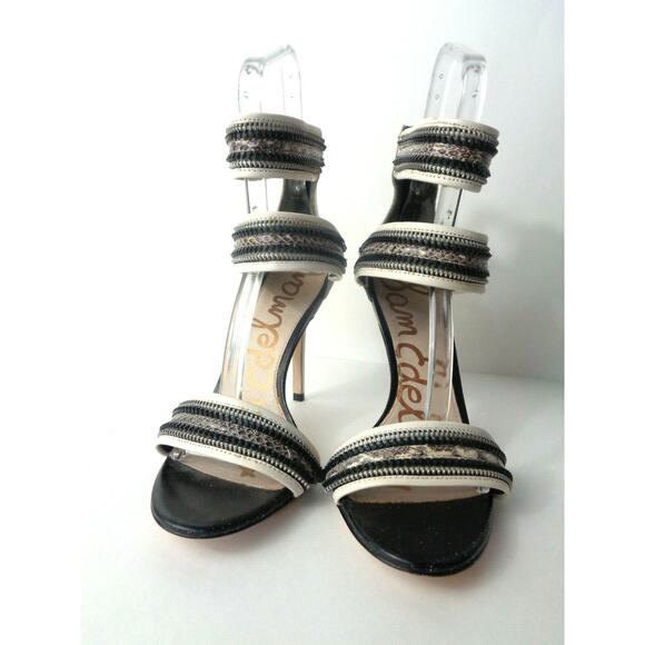 SAM EDELMAN Alton US 9.5M Cream Leather Gray Snake 2X Ankle Strap Stiletto Heels - Picture 2 of 7